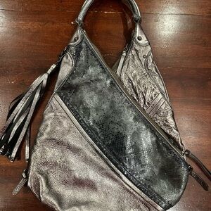 Botkier Satchel Handbag METALIC BLACK Leather Zip Closure WITH TASSLE